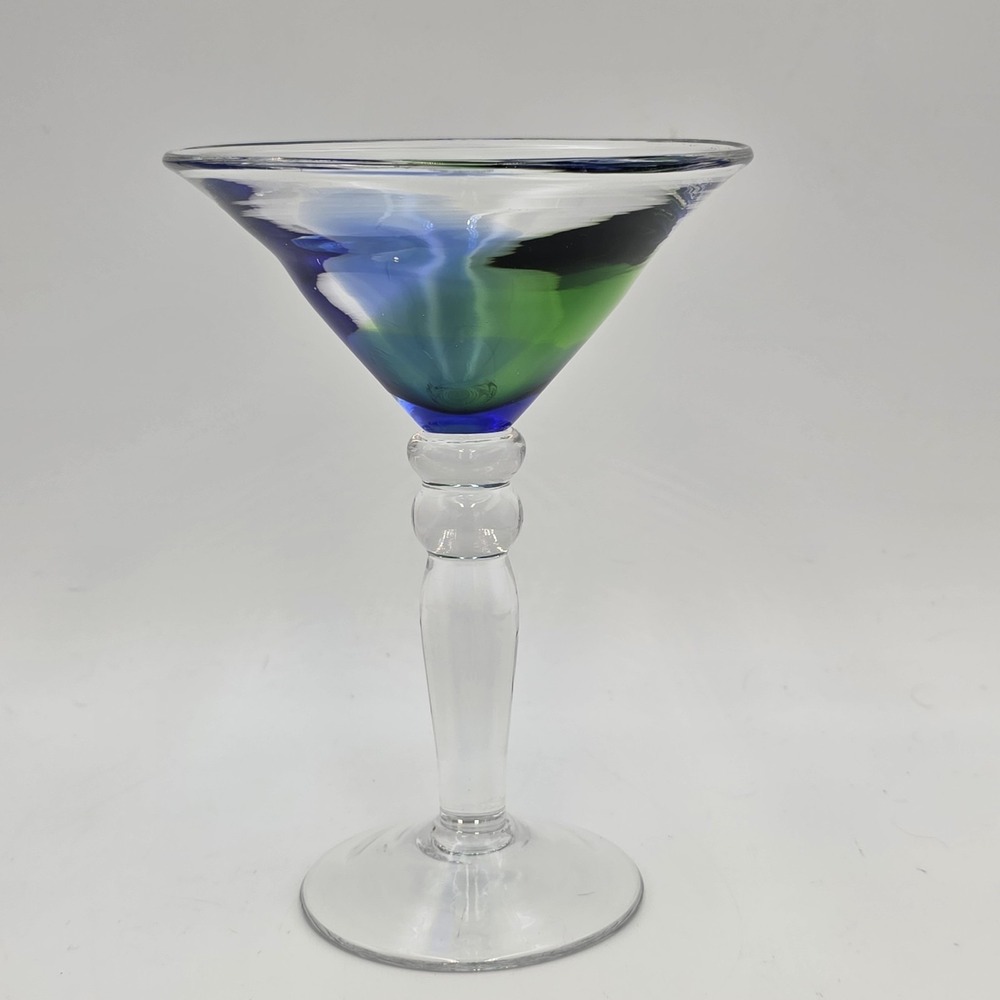 Pier‎ 1 Hand Made Blue Green Martini Bar Glass 6 1/2" Tall 5" Rim